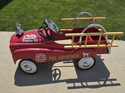 Vintage Alpine Fire and Rescue Engine No 7 Pedal Car - Red Metal Toy Truck w/ Ladders & Bell