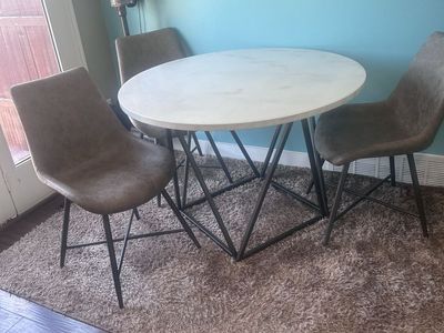 Steve Silver Co. Julian Marble Top Dining Table with 4 Gray Faux Leather Chairs - Excellent Condition