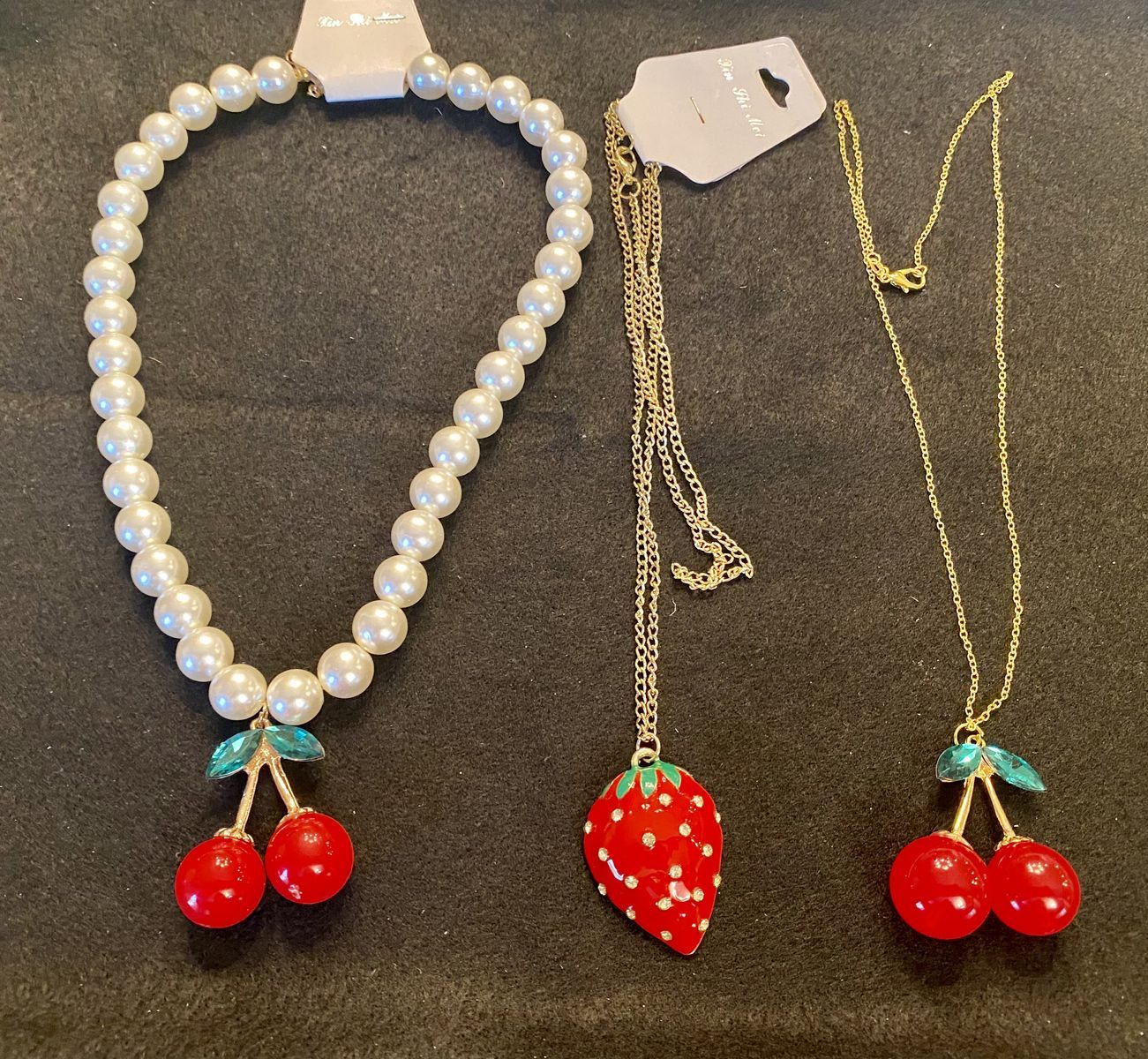 NEW! Fruit Necklaces - Pearl w/ Cherries, Bling Strawberry, and Gold Plated Chain w/ Cherries $11-$16 C PIX