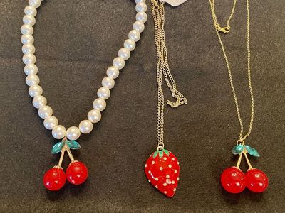 NEW! Fruit Necklaces - Pearl w/ Cherries, Bling Strawberry, and Gold Plated Chain w/ Cherries $11-$16 C PIX