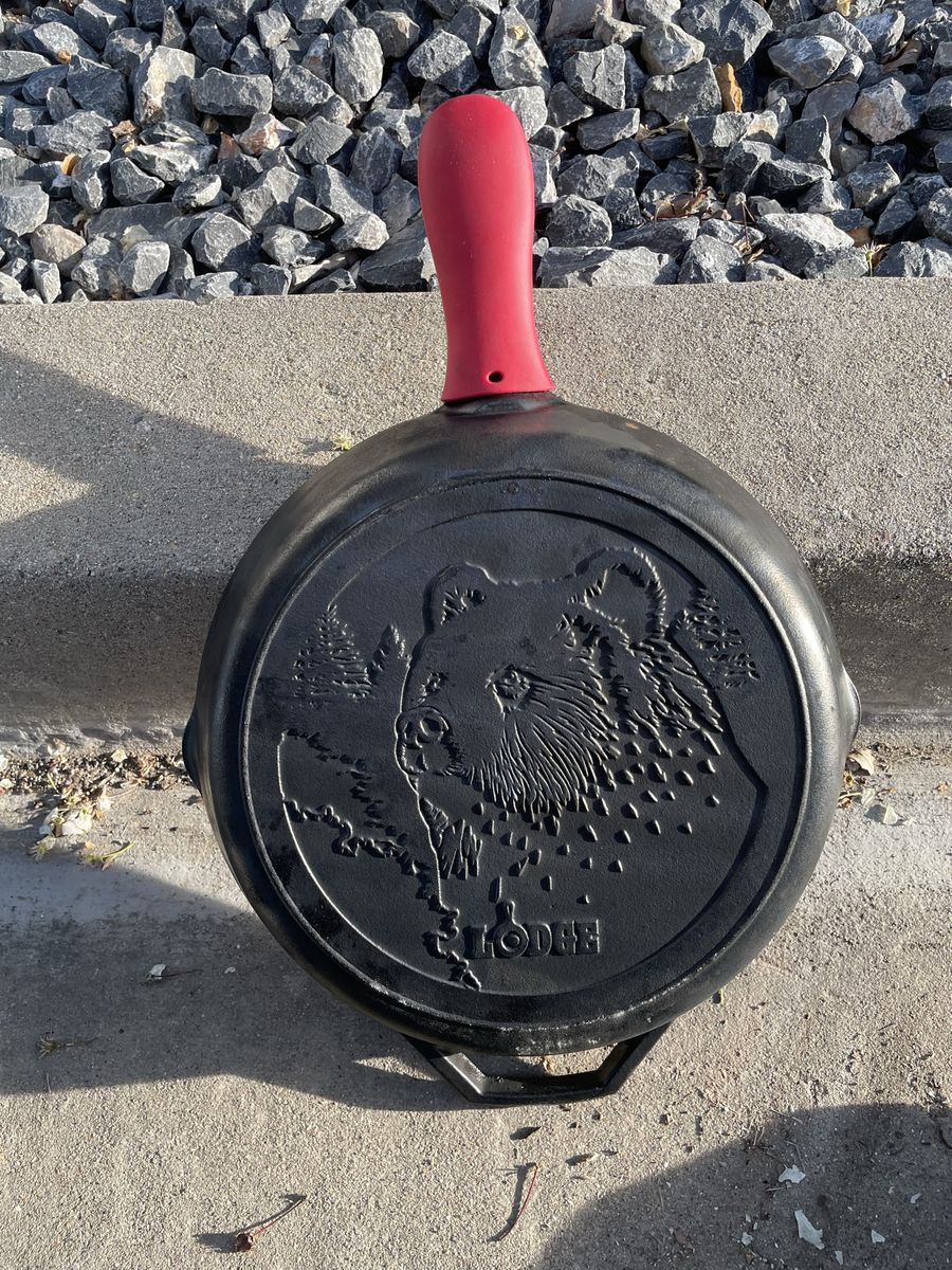 Lodge 12" Cast-Iron Skillet With Bear Logo.