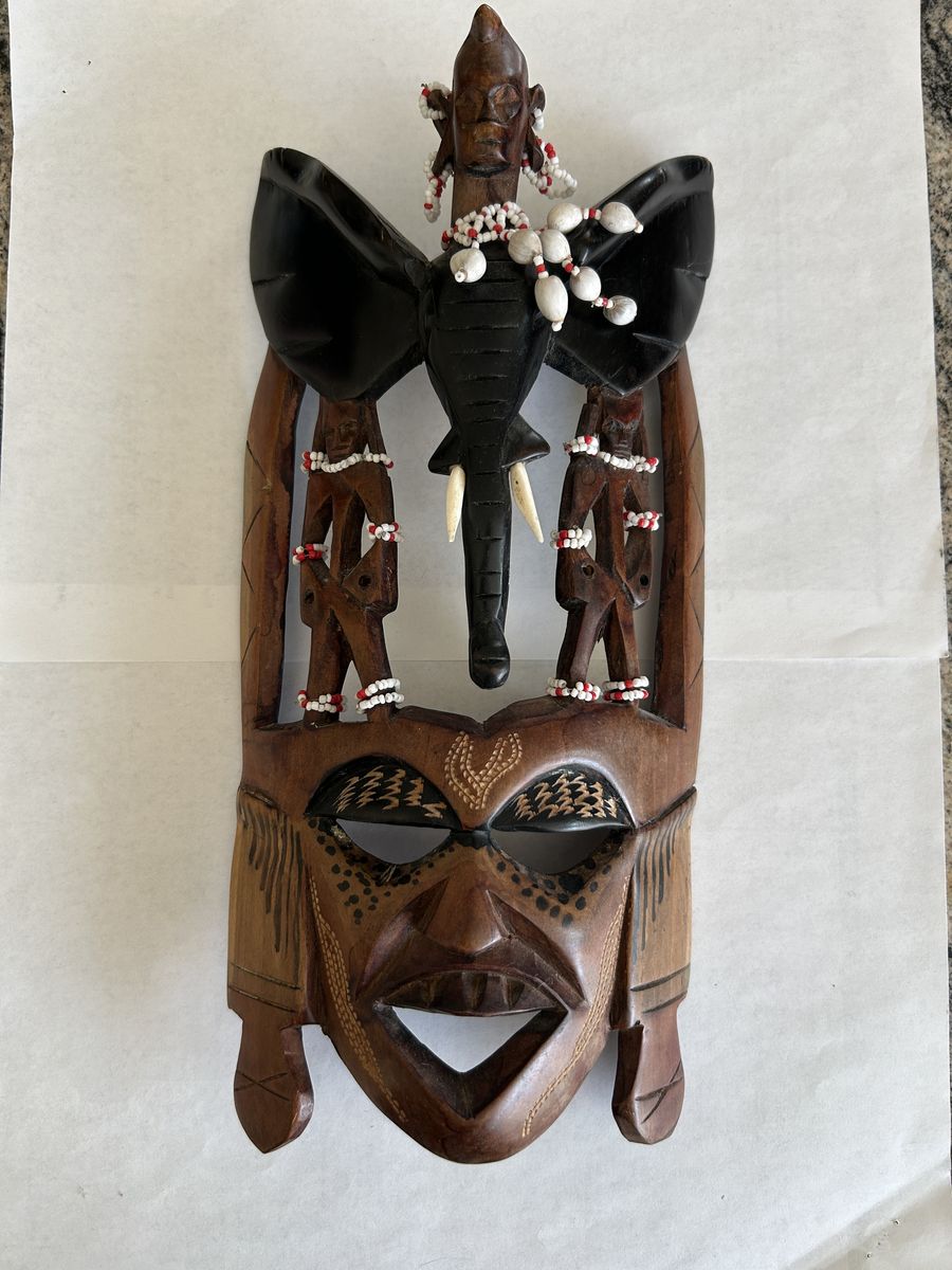 Hand-Carved African Tribal Style Wall Mask w/ Elephant & Beaded Details