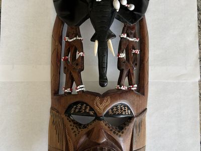 Hand-Carved African Tribal Style Wall Mask w/ Elephant & Beaded Details