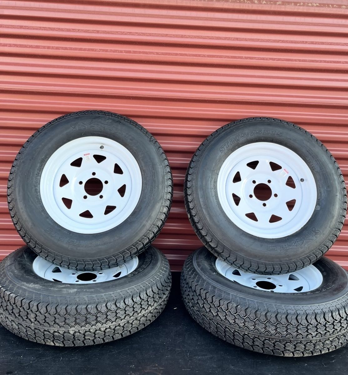 Set of 4 Free Country ST 205/75 D 15 Trailer Tires Mounted on New White Spoke Wheels 5 on 4.5. Brand New