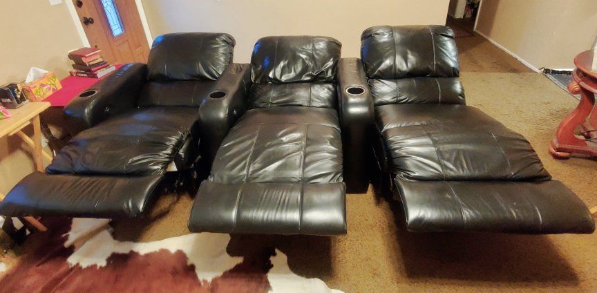 Black Leather 3-Seater Reclining Home Theater Sofa with Cup Holders