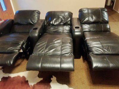 Black Leather 3-Seater Reclining Home Theater Sofa with Cup Holders