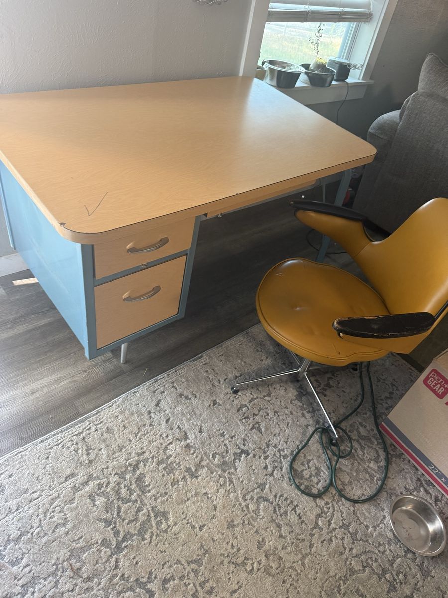 Vintage Mid-Century Modern Metal & Wood Pedestal Desk - Light Blue/Tan (Kem Weber)