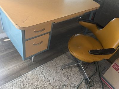 Vintage Mid-Century Modern Metal & Wood Pedestal Desk - Light Blue/Tan (Kem Weber)