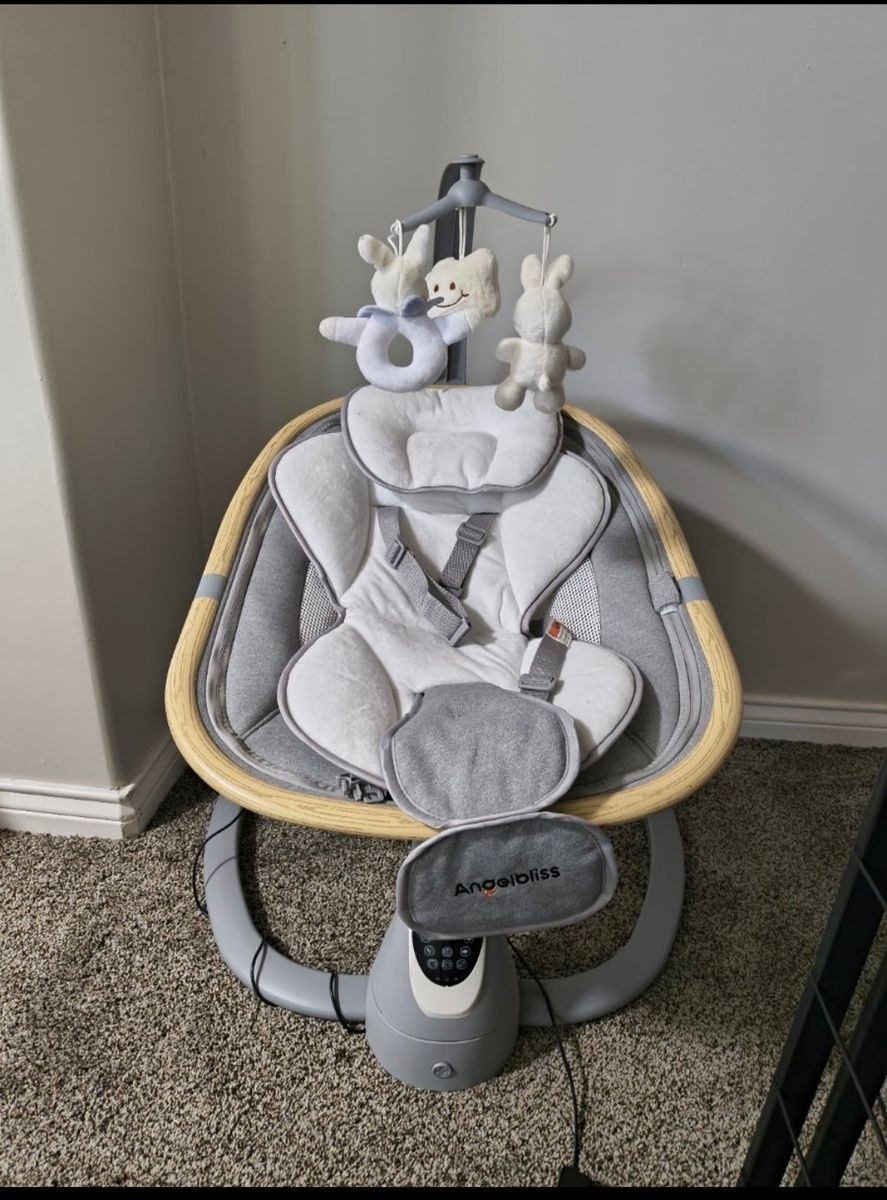 Angelbliss Baby Electric Swing with Hanging Toys - Gray/Wood Grain