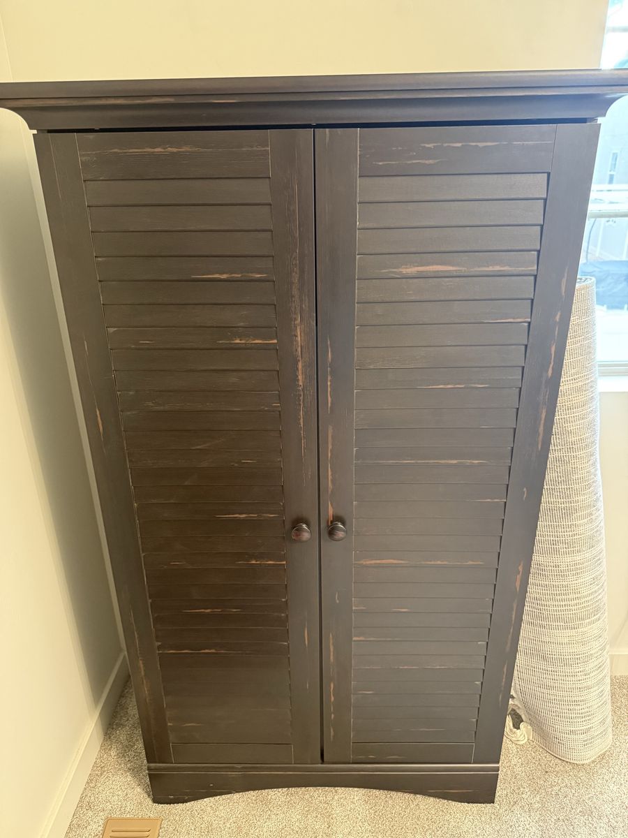 Dark Brown Distressed Wood Armoire Cabinet with Double Louvered Doors and Adjustable Shelves