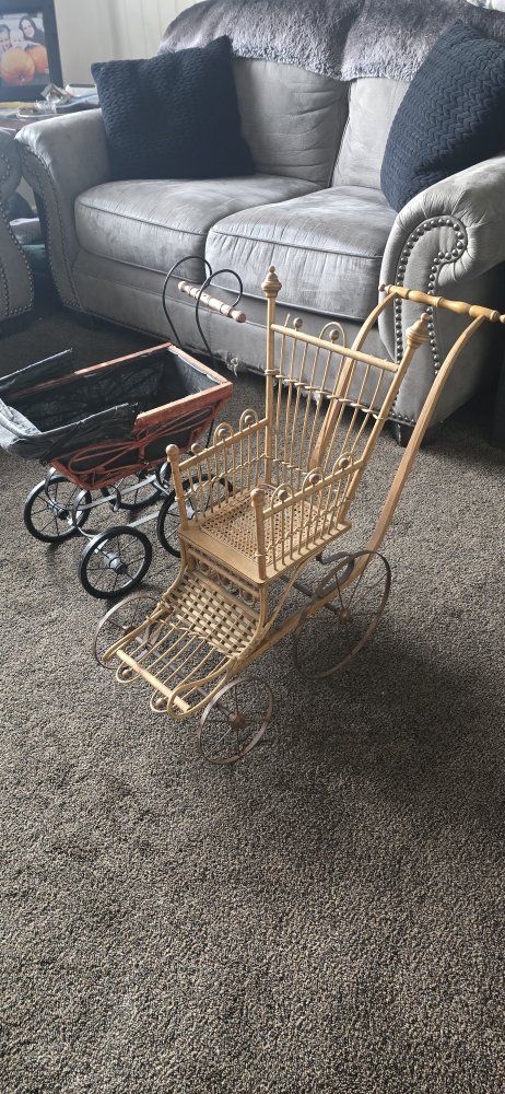 Vintage Wicker Doll Carriage and Rattan Doll Stroller Set