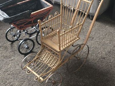 Vintage Wicker Doll Carriage and Rattan Doll Stroller Set