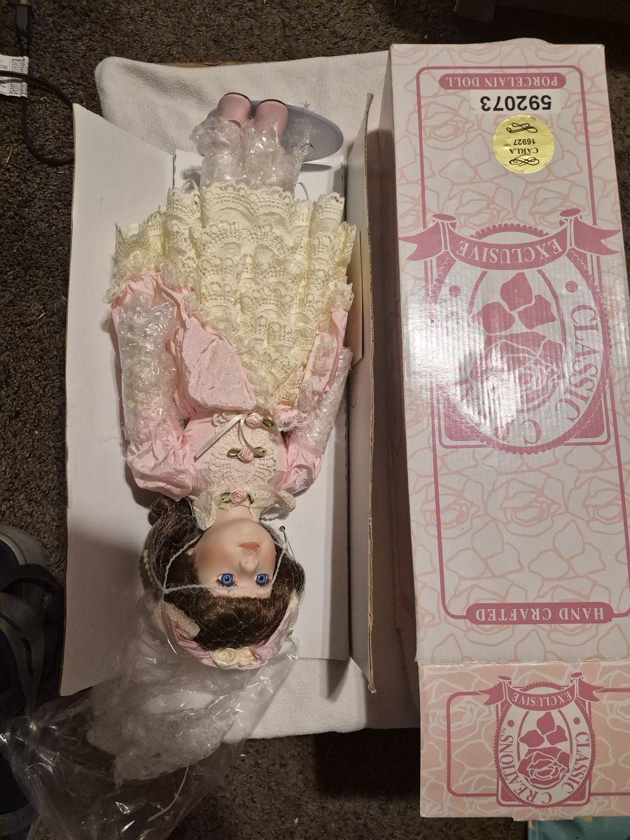Classic Editions Hand Crafted Exclusive Porcelain Doll with Pink & Cream Lace Dress in Box