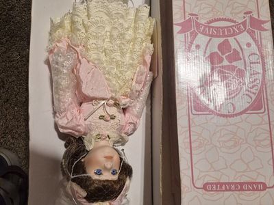 Classic Editions Hand Crafted Exclusive Porcelain Doll with Pink & Cream Lace Dress in Box