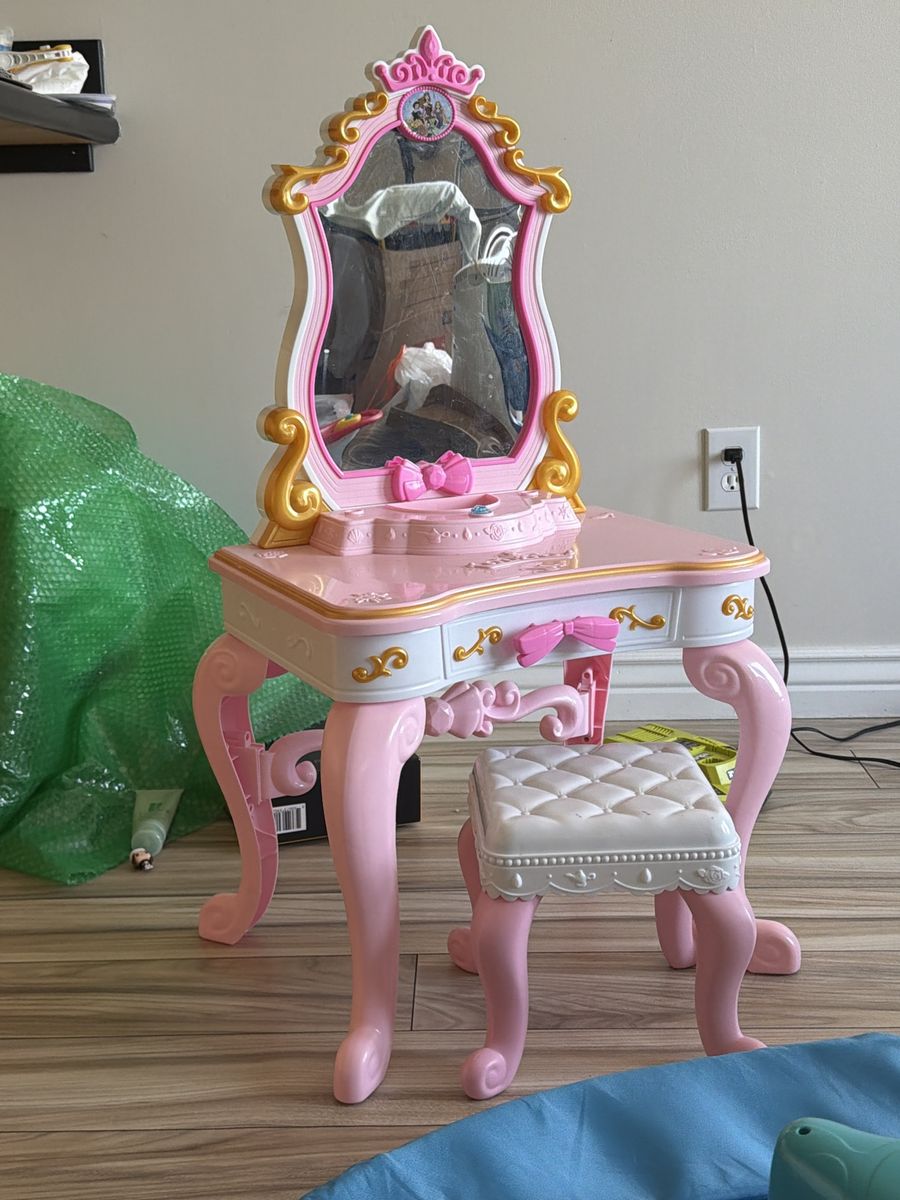 Kids Princess Vanity Dressing Table with Mirror & Stool - Pink & Gold Toddler Play Set
