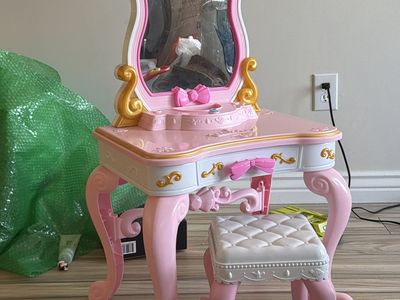 Kids Princess Vanity Dressing Table with Mirror & Stool - Pink & Gold Toddler Play Set