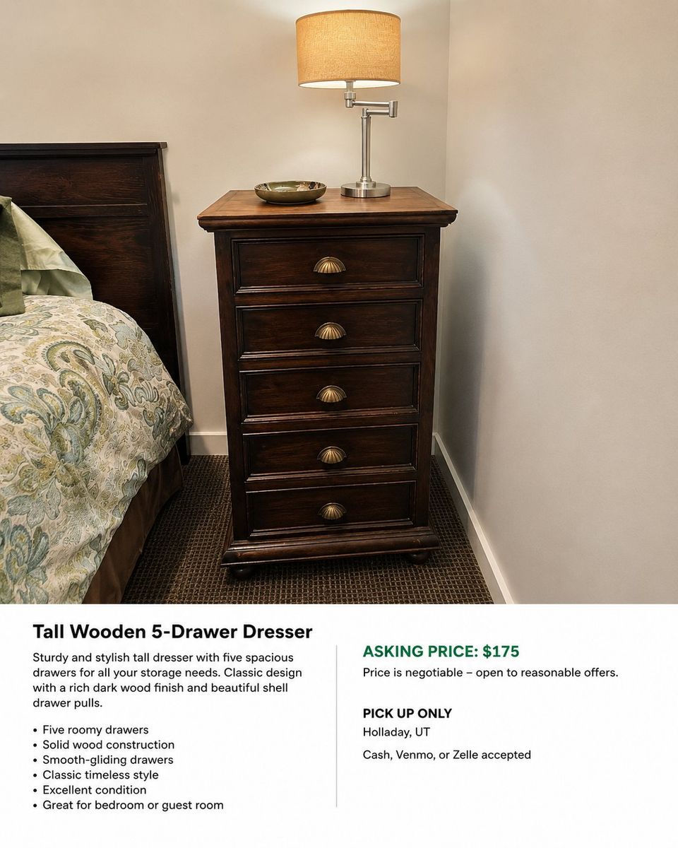 Tall Wooden 5-Drawer Dresser - Dark Wood Finish, Shell Pulls, Solid Wood Construction