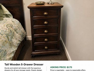 Tall Wooden 5-Drawer Dresser - Dark Wood Finish, Shell Pulls, Solid Wood Construction