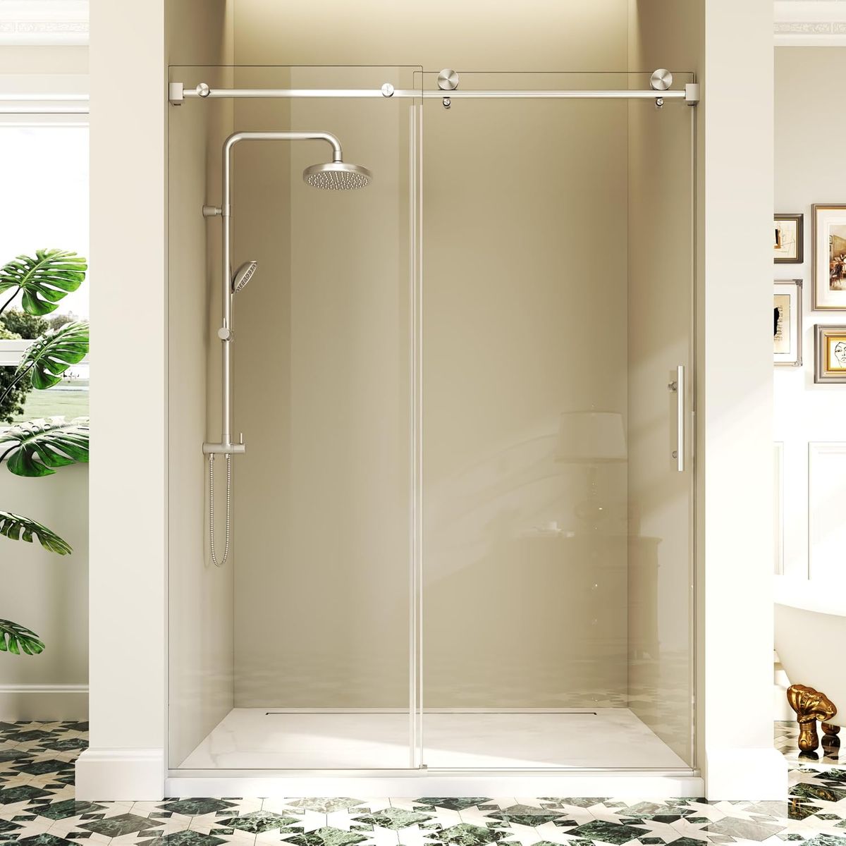 NEW 56–60 in W x 76 in H Frameless Sliding Shower Door, 3/8"(10mm) Thick Tempered Glass, Easy-Clean Nano Layer, Stainless steel