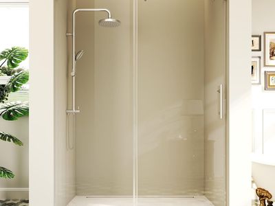 NEW 56–60 in W x 76 in H Frameless Sliding Shower Door, 3/8"(10mm) Thick Tempered Glass, Easy-Clean Nano Layer, Stainless steel