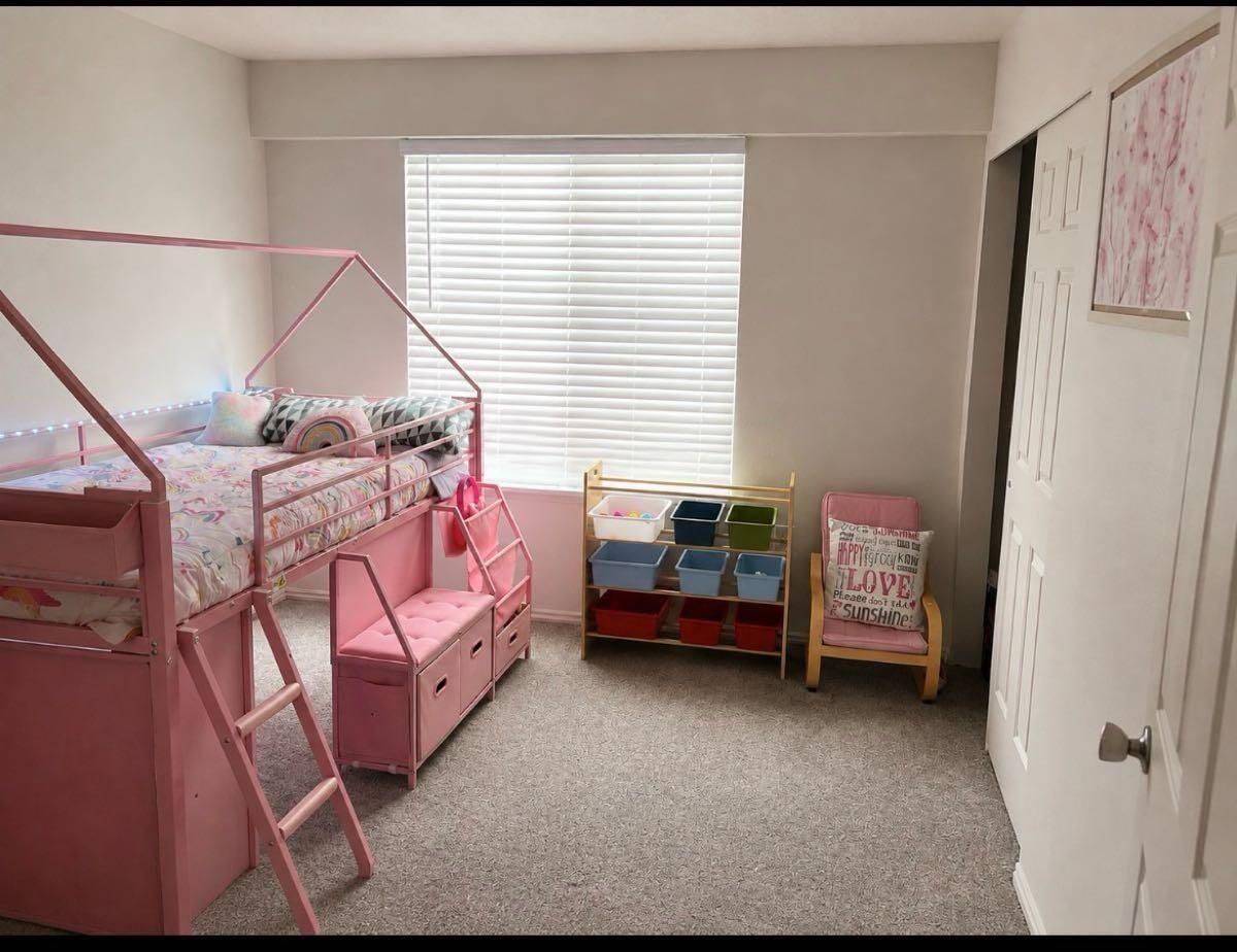 Pink Kids Loft Bed House Frame with Integrated Stairs and Storage Bench