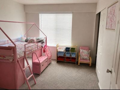 Pink Kids Loft Bed House Frame with Integrated Stairs and Storage Bench