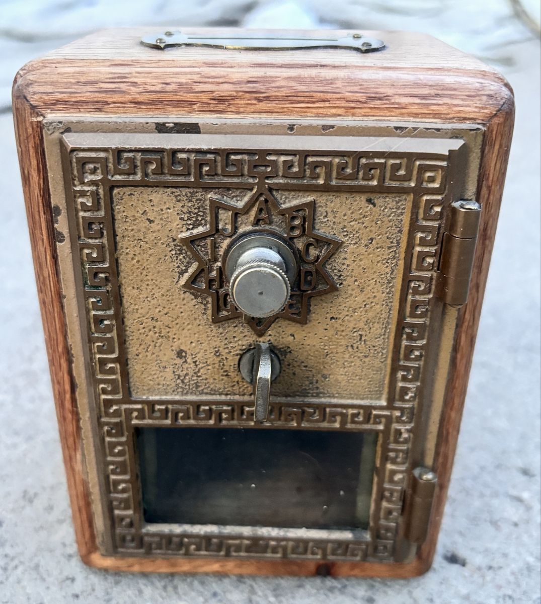 Vintage Antique Brass Post Office Box Coin Bank with Wooden Housing and Combination Dial