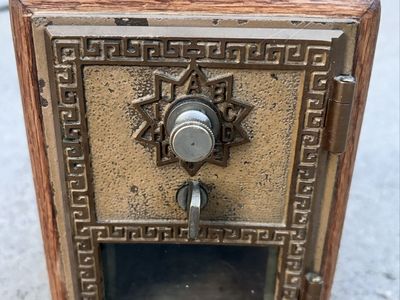 Vintage Antique Brass Post Office Box Coin Bank with Wooden Housing and Combination Dial