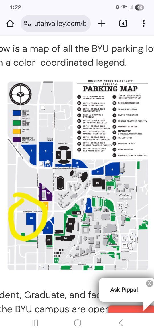 BYU Football Parking Pass located in Lot 10 for Utah Tech game.