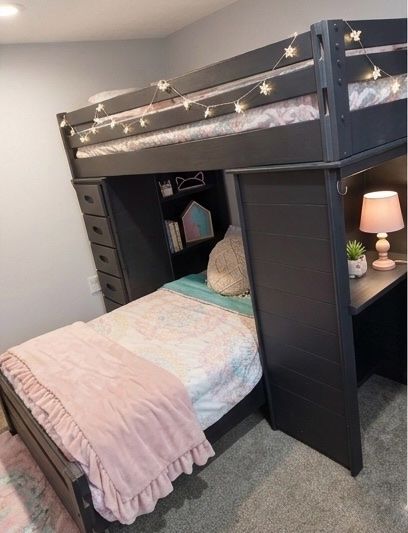 Twin-over-Twin Loft Bed Combo with Desk & 5-Drawer Dresser - Charcoal/Black, Space-Saving Design