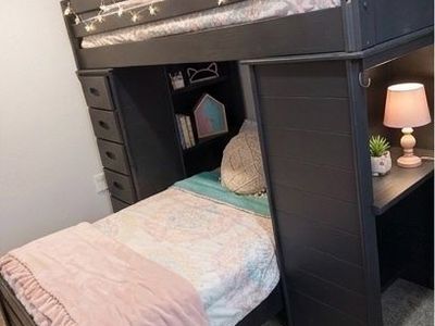 Twin-over-Twin Loft Bed Combo with Desk & 5-Drawer Dresser - Charcoal/Black, Space-Saving Design