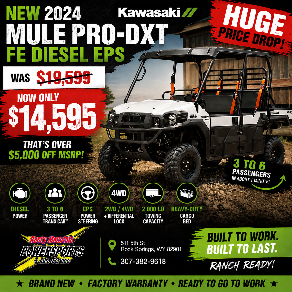 NEW 2024 Kawasaki Mule PRO-DXT FE Diesel EPS for sale at Rocky Mountain Powersports in Rock Springs!