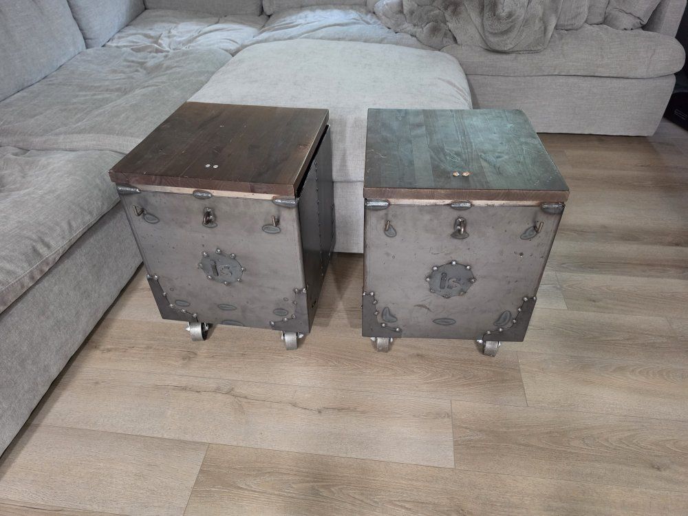 Industrial Metal & Wood Side Tables on Casters - Steampunk/Rustic Decor Set of 2