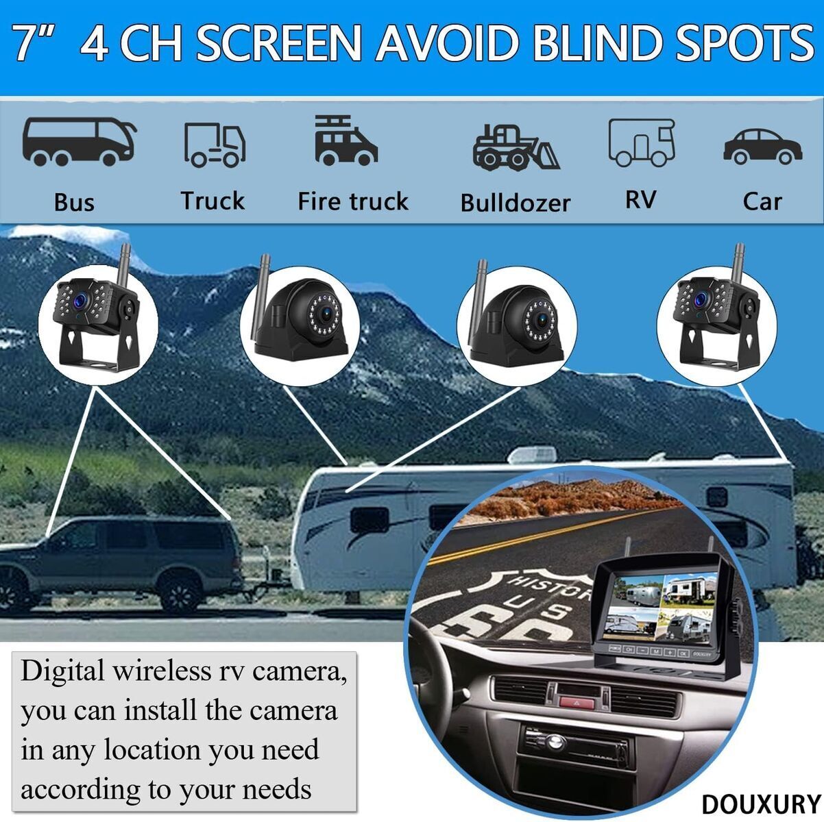 Wireless RV Backup Camera for Trailer Truck Camper Digital Rear Side View Cameras & HD 1080P 4 Splits 7" DVR Screen (CB)