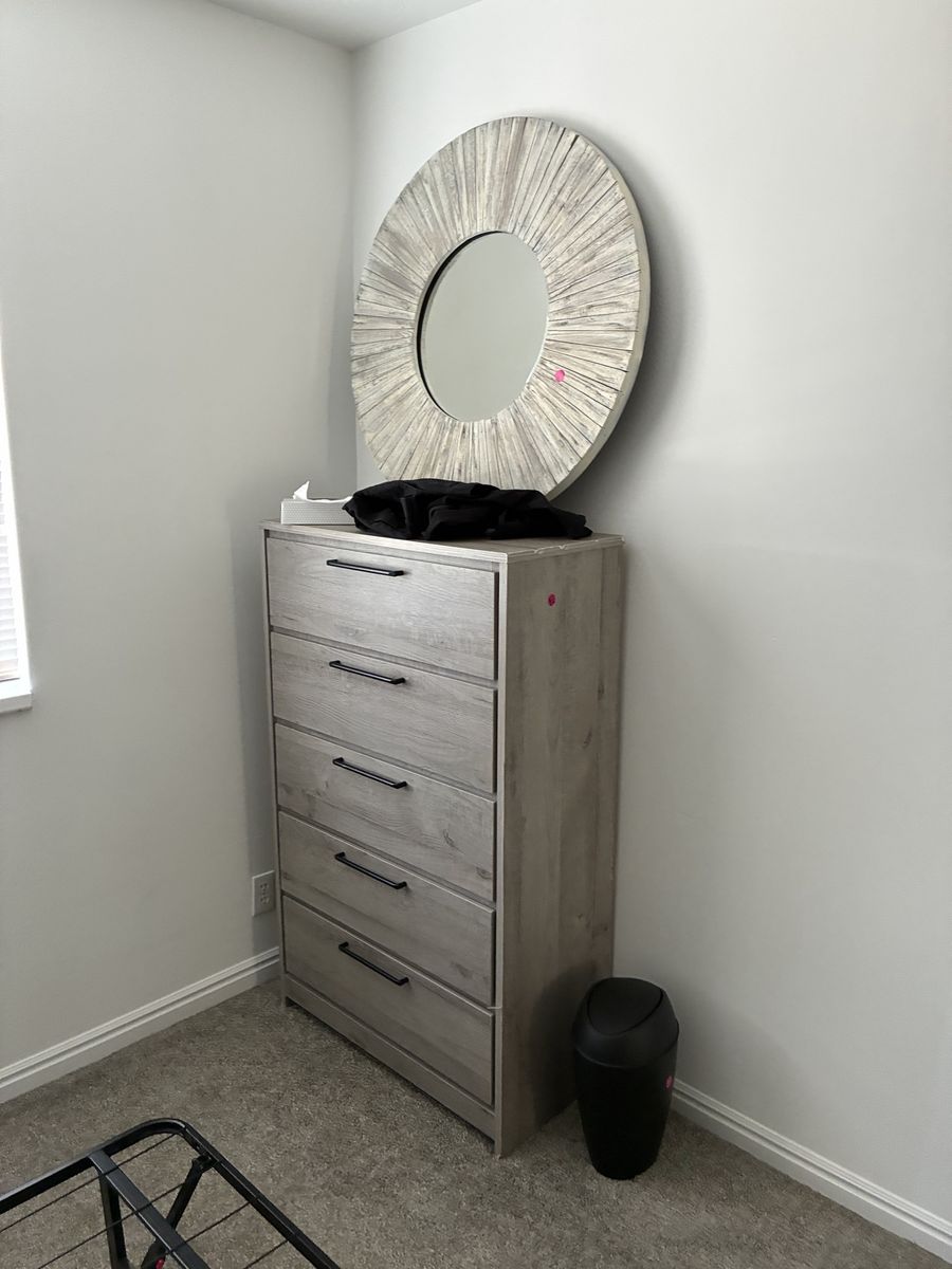 Gray Wood Dresser, Bed Frame, and 2 Nightstand Set w/ USB ports on both nightstands -comes with two mirrors, lamp