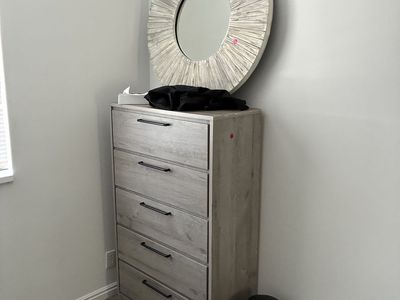 Gray Wood Dresser, Bed Frame, and 2 Nightstand Set w/ USB ports on both nightstands -comes with two mirrors, lamp