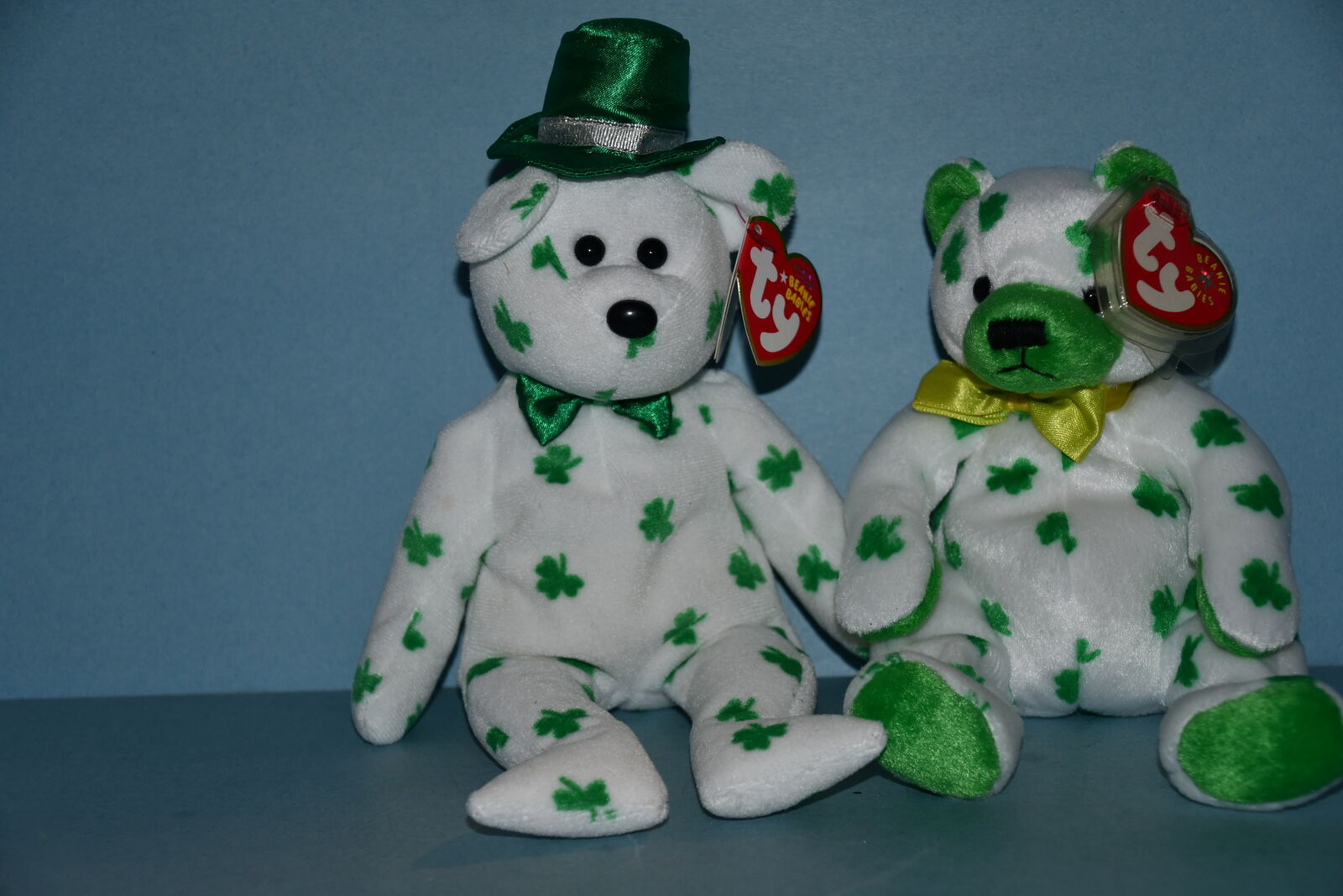 2 VINTAGE TY SHAMROCK TEDDY BEARS with TAGS ~ CLOVER & O'FORTUNE ~ 7" & 9" ~ SOFT & CLEAN!