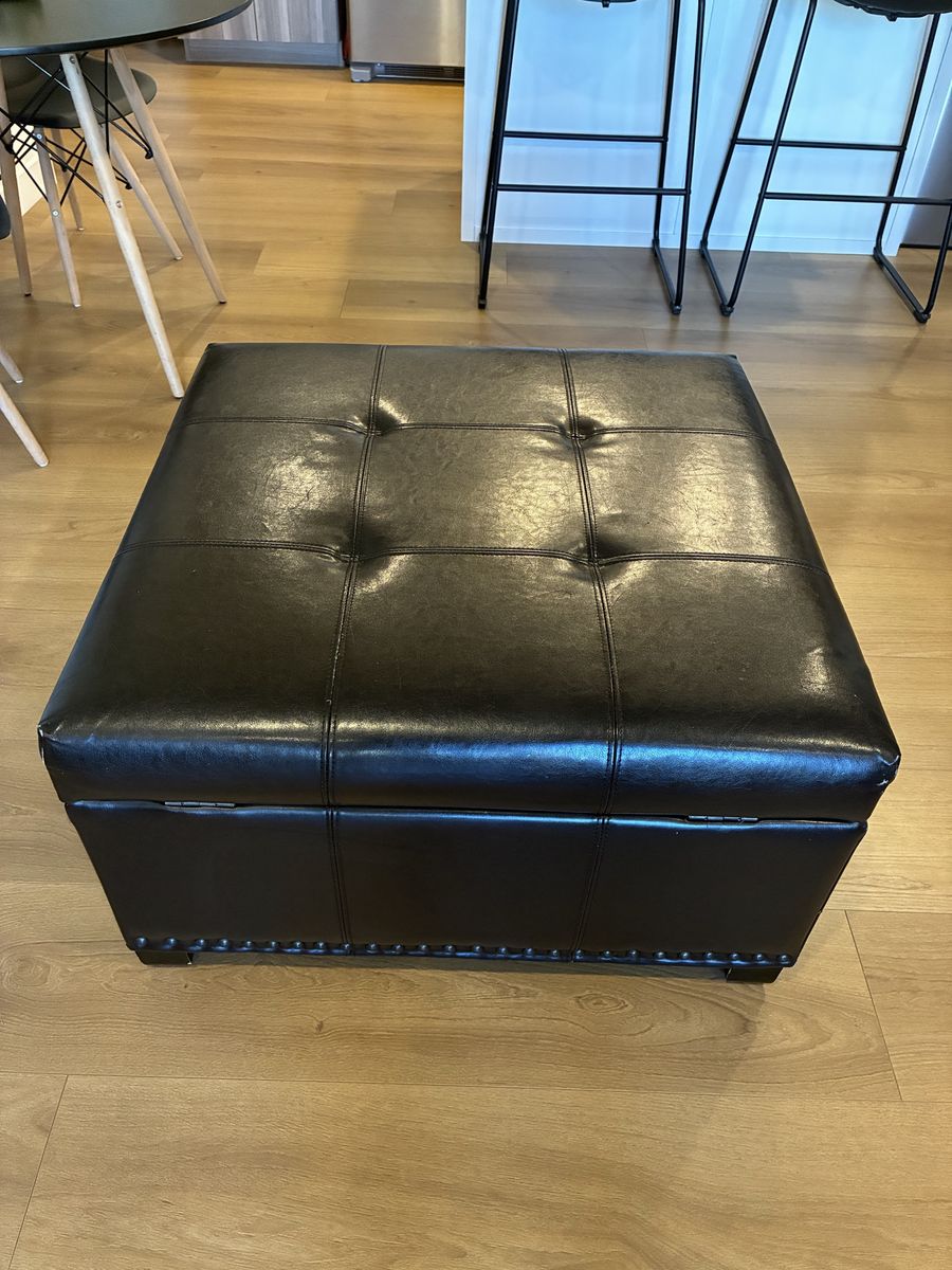 Large Black Faux Leather Storage Ottoman with Tufted Top and Nailhead Trim
