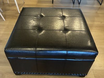 Large Black Faux Leather Storage Ottoman with Tufted Top and Nailhead Trim