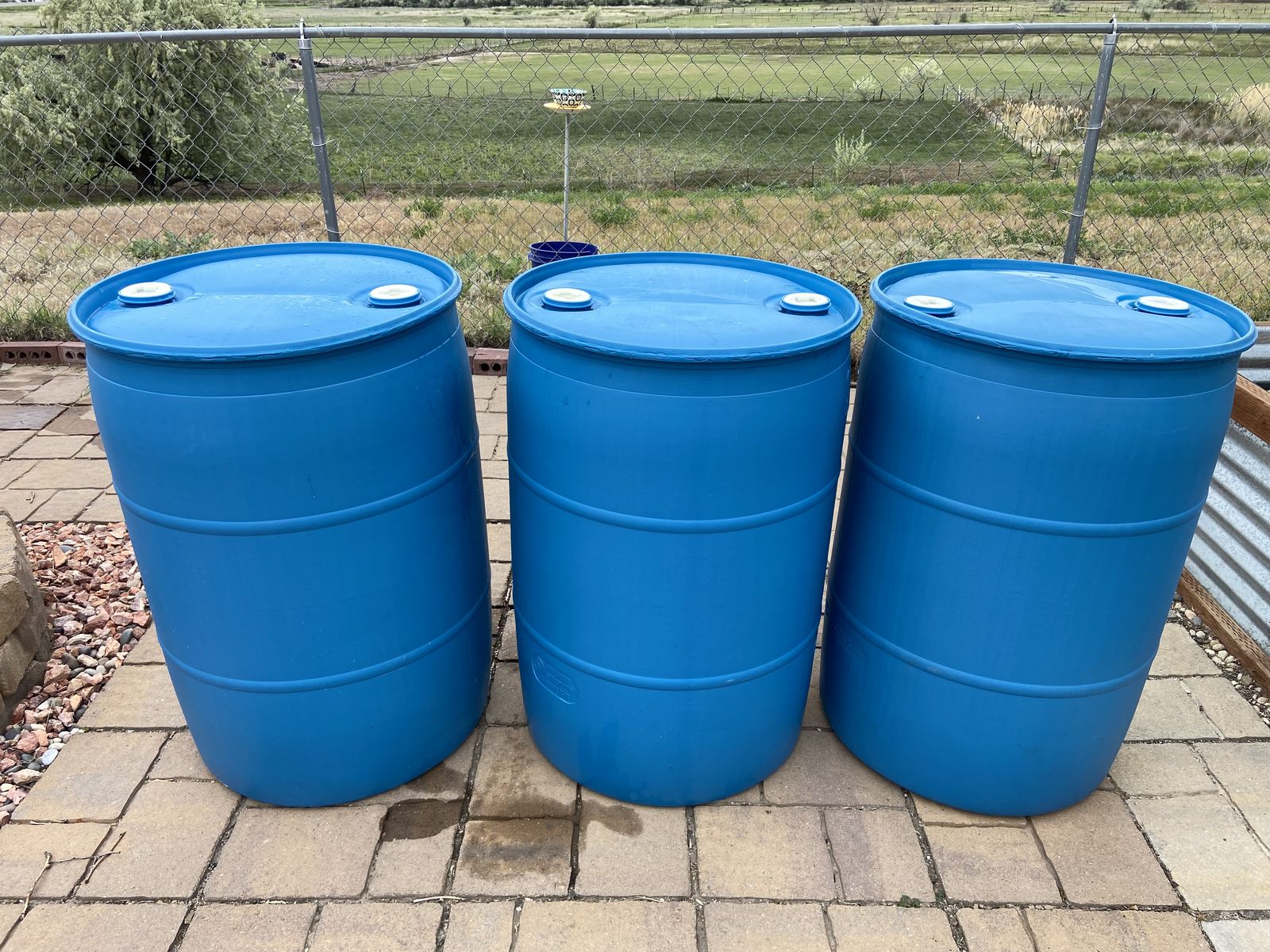 Three 55-gallon water drums