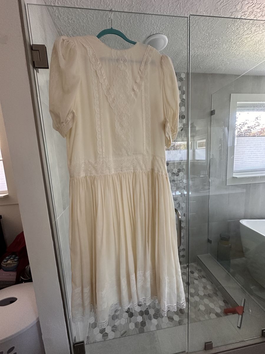 Jessica McClintock Vintage Ivory Lace Trim Midi Dress Size 12 Made in USA Prairie Style