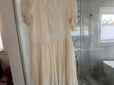 Jessica McClintock Vintage Ivory Lace Trim Midi Dress Size 12 Made in USA Prairie Style