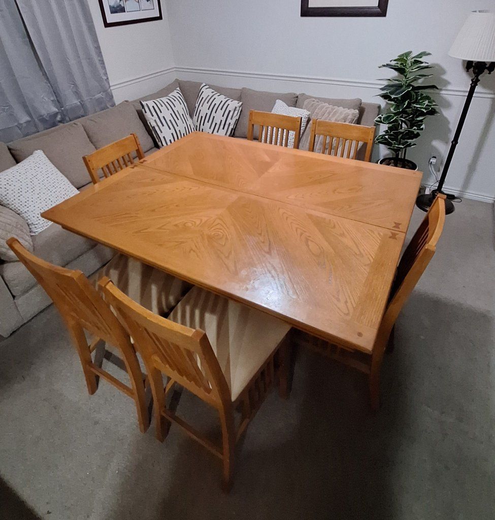 Solid Wood Dining Table Set with Leaf + 6 Chairs