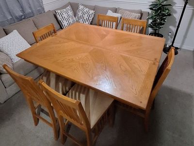 Solid Wood Dining Table Set with Leaf + 6 Chairs