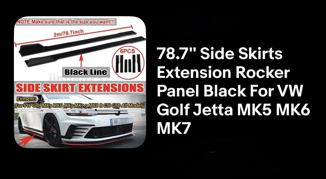 Black Line 78.7" Side Skirt Extensions Rocker Panel for VW Golf Jetta MK5 MK6 MK7 (6PCS)