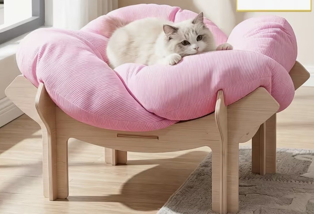 Elevated Wooden Cat Bed with Pink Flower Plush Cushion