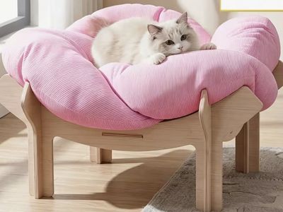 Elevated Wooden Cat Bed with Pink Flower Plush Cushion