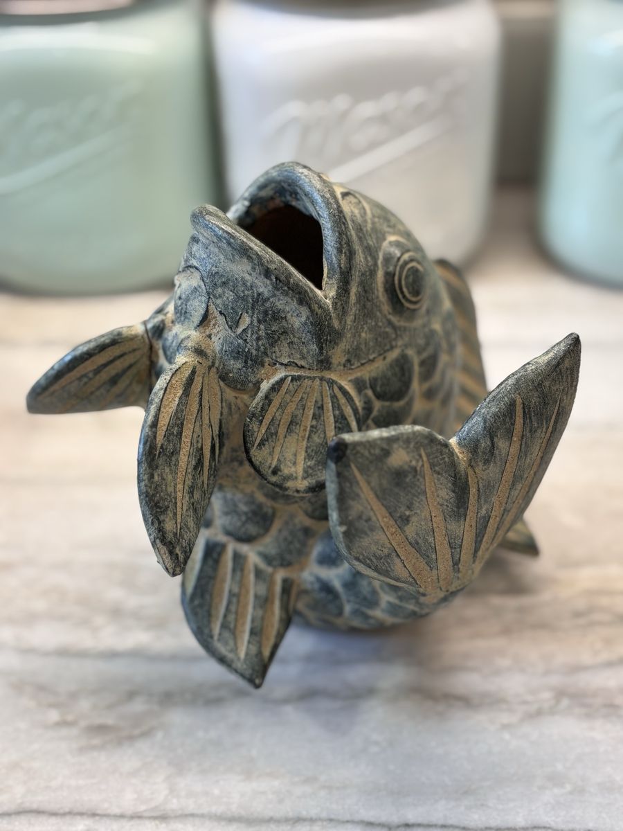 Fun/Unique Ceramic fish planter/yard decor 7” tall
