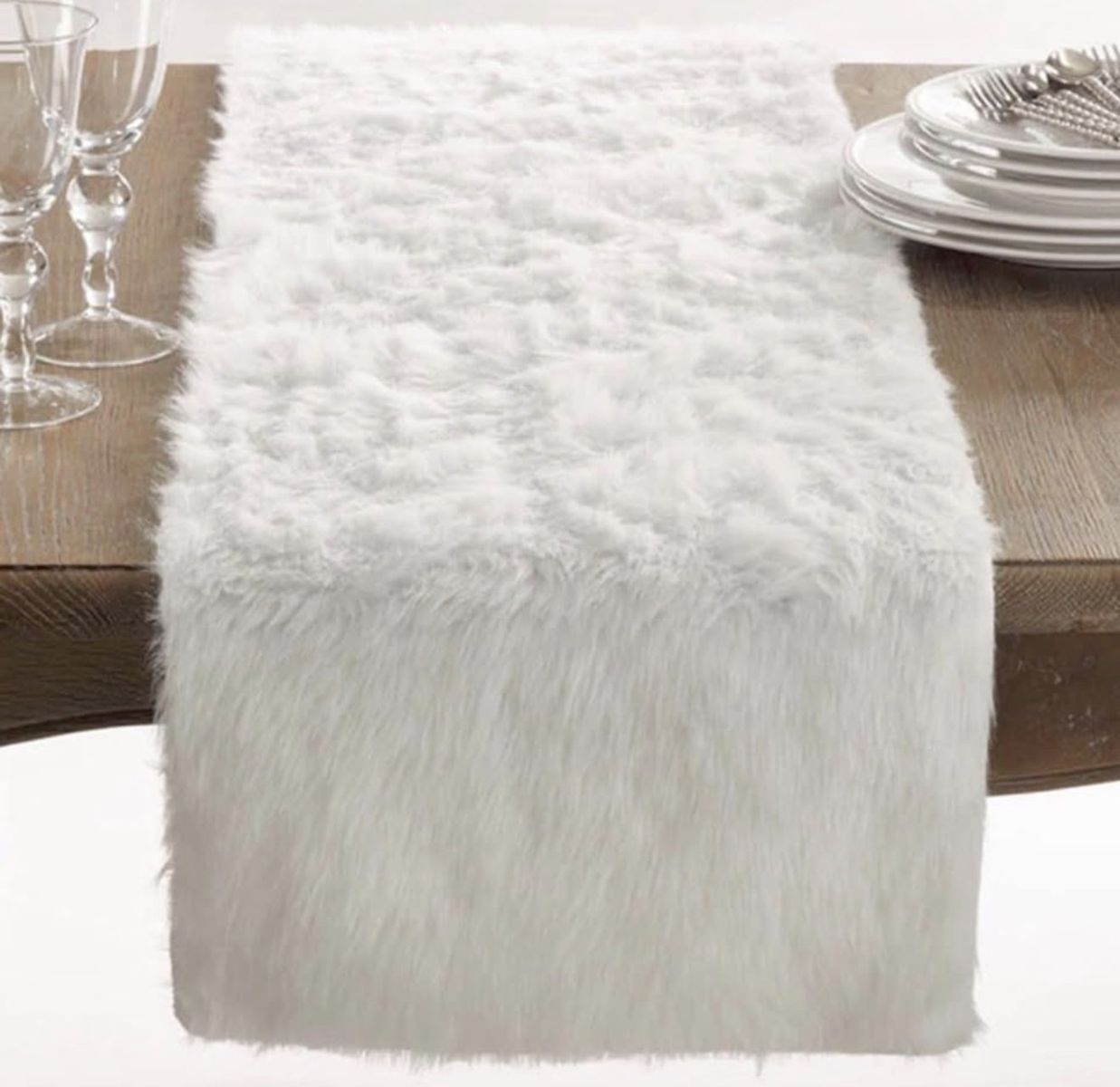 White Faux Fur Table Runner Plush Decorative Table Accent 15”x72”