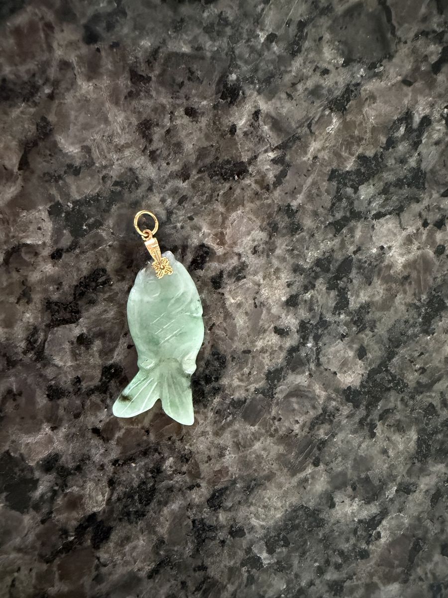 Carved Green Jade Fish Pendant with Gold Bail
